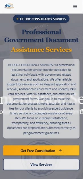 HF Doc Consultancy Services homepage describing government document assistance services with a free-consultation call-to-action