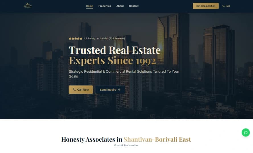 Honesty Associates real estate consultancy homepage showing the Mumbai skyline hero section and rental advisory call-to-action