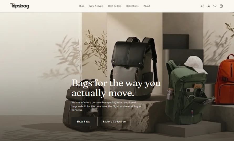 Tripsbag storefront homepage showing backpacks and travel bags with the tagline "Bags for the way you actually move"