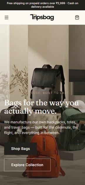 Tripsbag storefront homepage showing backpacks and travel bags with the tagline "Bags for the way you actually move"