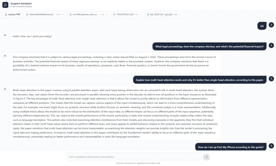 Local RAG Document Assistant chat interface answering questions grounded in uploaded PDF documents
