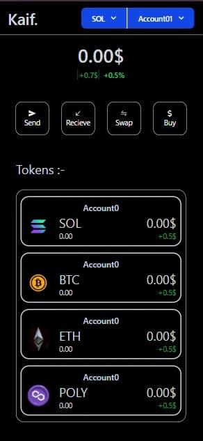 Multi-Chain Web3 Wallet interface showing Send, Receive, Swap, and Buy actions with SOL, BTC, ETH, and POLY token balances