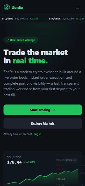 ZenEx real-time crypto exchange homepage showing the live order book preview, a SOL/USDC price chart, and real-time ticker bar